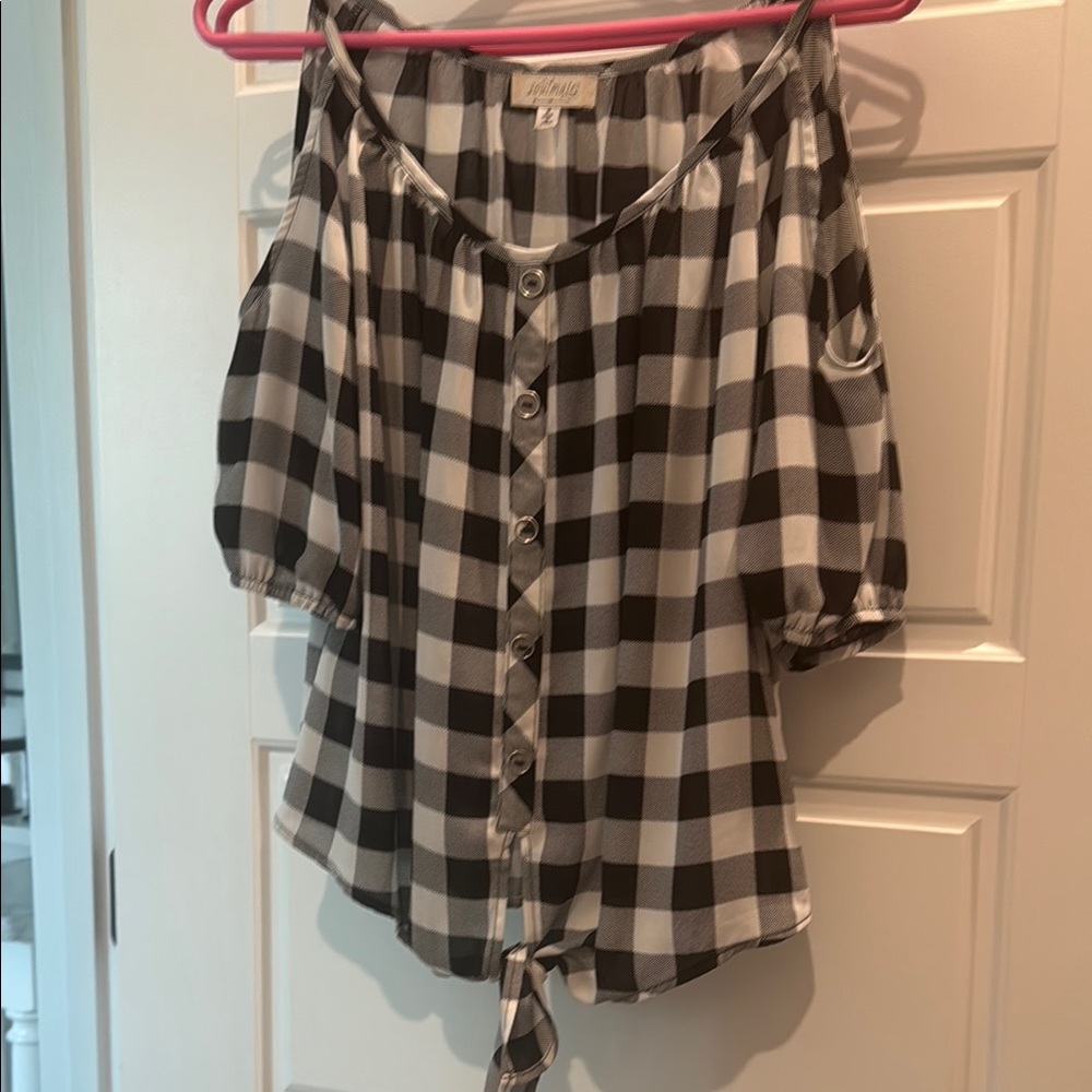 Moa Moa Black and White Buttoned Tie Front Blouse